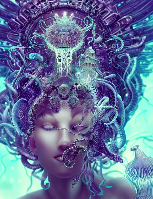 Image similar to goddess macro close - up portrait wigh crown made of ram skull. betta fish, jellyfish phoenix, bioluminiscent, plasma, ice, water, wind, creature, super intricate ornaments artwork by tooth wu and wlop and beeple and greg rutkowski