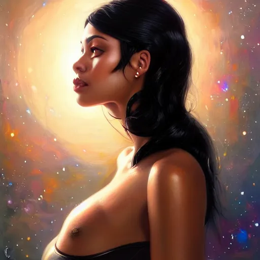 Image similar to a portrait of a very BIPOC beautiful woman in a spacesuit, brown eyes, shoulder-length black hair, Alexandria's genesis, bored, illustration, soft lighting, soft details, painting oil on canvas by mark arian by artgerm, trending on artstation, 4k, 8k, HD