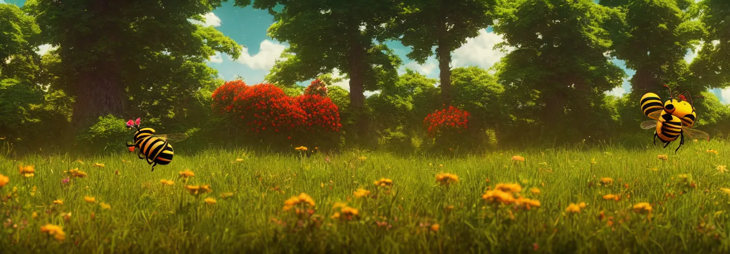 Prompt: large cute bee flying to crimson - black cute bee art school, in a beautiful forest meadow village landscape, flowers, happy trees, photorealistic, octane render, rtx, hdr, unreal engine, digital art widescreen 8 k, studio ghibli, disney, wlop