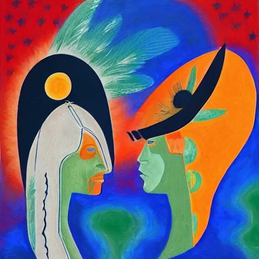 Image similar to two Native American Women in the moonlight dancing by the ocean , high quality art in the style of cubism and georgia o’keefe,