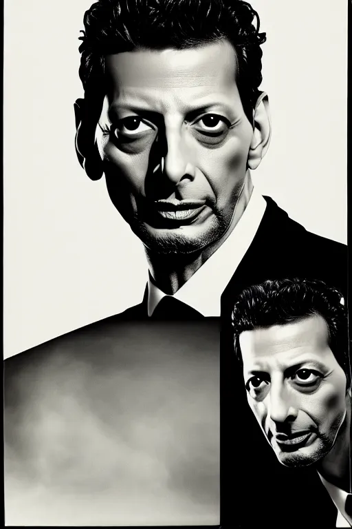 Prompt: double exposure composite portrait of jeff goldblum, floating head portrait, one profile and one facing, jc penney studio 1 9 8 5