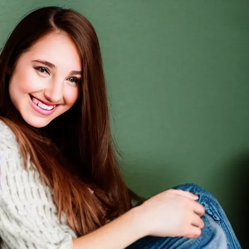 Image similar to a cute young woman smiling, long shiny bronze brown hair, full round face, green eyes, medium skin tone, light cute freckles, smiling softly, wearing casual clothing, relaxing on a modern couch, interior lighting, cozy living room background, medium shot, mid-shot, soft focus