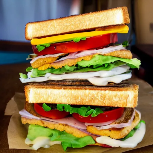 Image similar to everything made of sand, sandwich with fried tofu, one red tomato slice, mayo, onion, avocado, melted cheddar, red dish, background : jupiter and stars in the sky