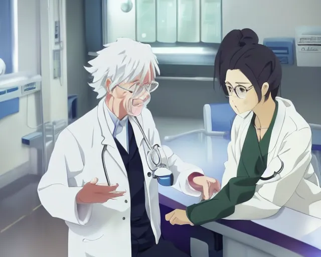 Image similar to a cute and beautiful young female doctor wearing white coat are talking with an old professor in a hospital, slice of life anime, lighting, anime scenery by Makoto shinkai