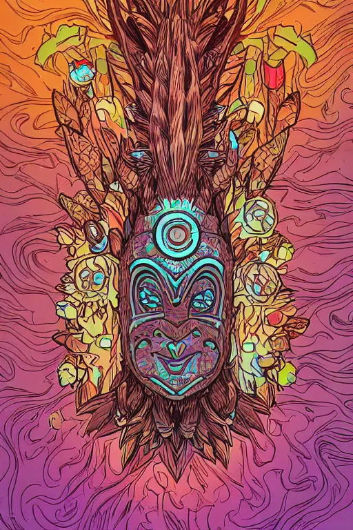 Image similar to animal mask totem roots flower tribal feather gemstone plant wood rock shaman vodoo video game vector cutout illustration vivid multicolor borderlands comics by josan gonzales and dan mumford radiating a glowing aura