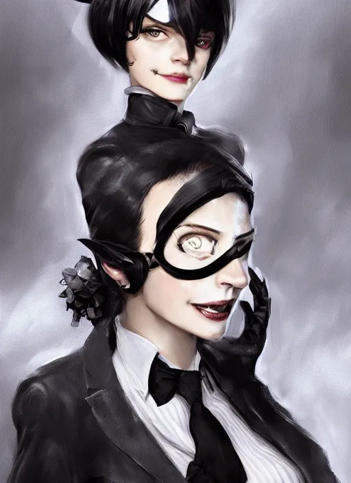 Image similar to a highly detailed illustration of beautiful short black messy haired woman wearing pirate eyepatch and noir style suit and tie, dramatic smiling pose, intricate, elegant, highly detailed, centered, digital painting, artstation, concept art, smooth, sharp focus, league of legends concept art, WLOP