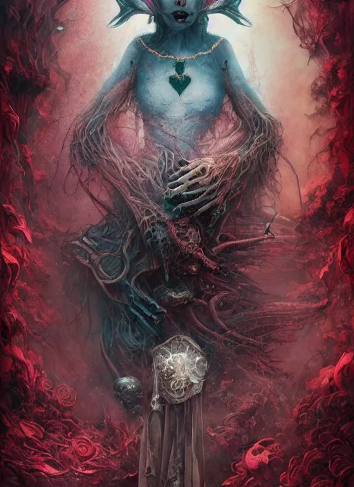 Image similar to the knave of hearts, death tarot card, highly detailed, cinematic, 8 k, by megan duncanson, benjamin lacombe, adrian borda, stanley artgermm, tom bagshaw, craig mullins, carne griffiths, ayami kojima, beksinski, giger, trending on deviantart, hyper detailed, horror, full of colour