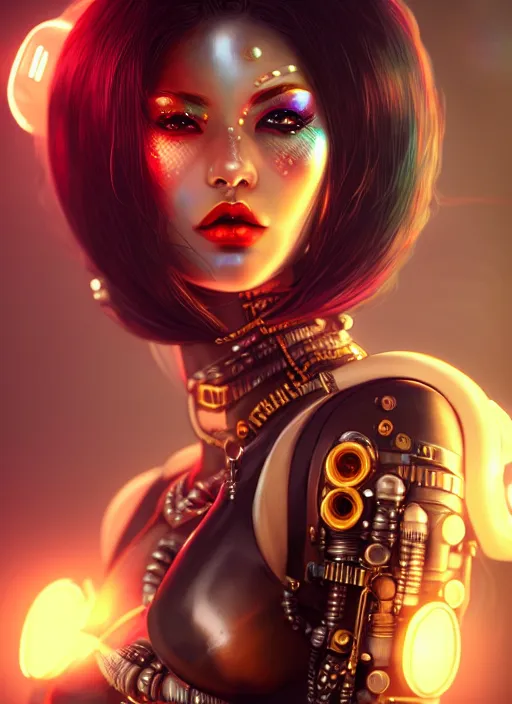 Image similar to soft lustrous ebony seductive geisha raver gutter punk steampunk cyborg, golden ratio, details, scifi, fantasy, cyberpunk city, intricate, decadent, highly detailed, digital painting, octane render, artstation, concept art, smooth, sharp focus, illustration, art by artgerm, loish, wlop