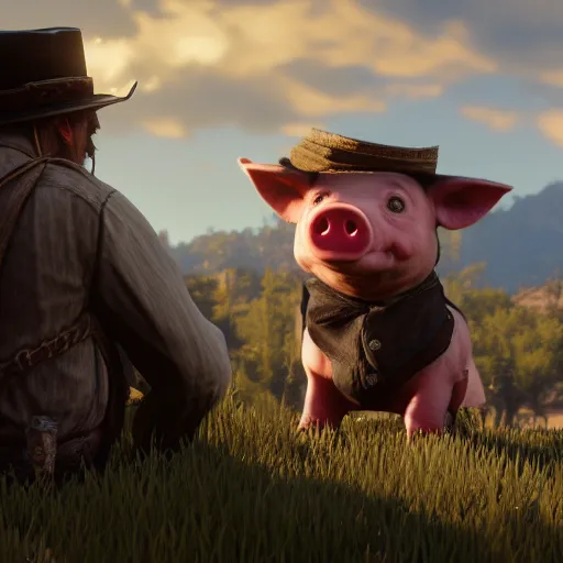 Image similar to cute little anthropomorphic Pig in Red Dead Redemption 2 (2018 videogame) cover art, ultra wide lens shot , tiny, swine, hug, small, short, cute and adorable, pretty, beautiful, DnD character art portrait, matte fantasy painting, DeviantArt Artstation, by Jason Felix by Steve Argyle by Tyler Jacobson by Peter Mohrbacher, cinematic lighting