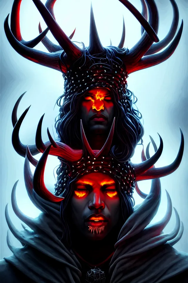 Image similar to a striking portrait of an eldritch black god king with black antlers and a burning horned crown on his head by moebius and ross tran and artgerm, trending on artstation, digital art, 4 k resolution, detailed, high quality, sharp focus, hq artwork, insane detail, volumetric lighting, character concept art, fine details, clear face