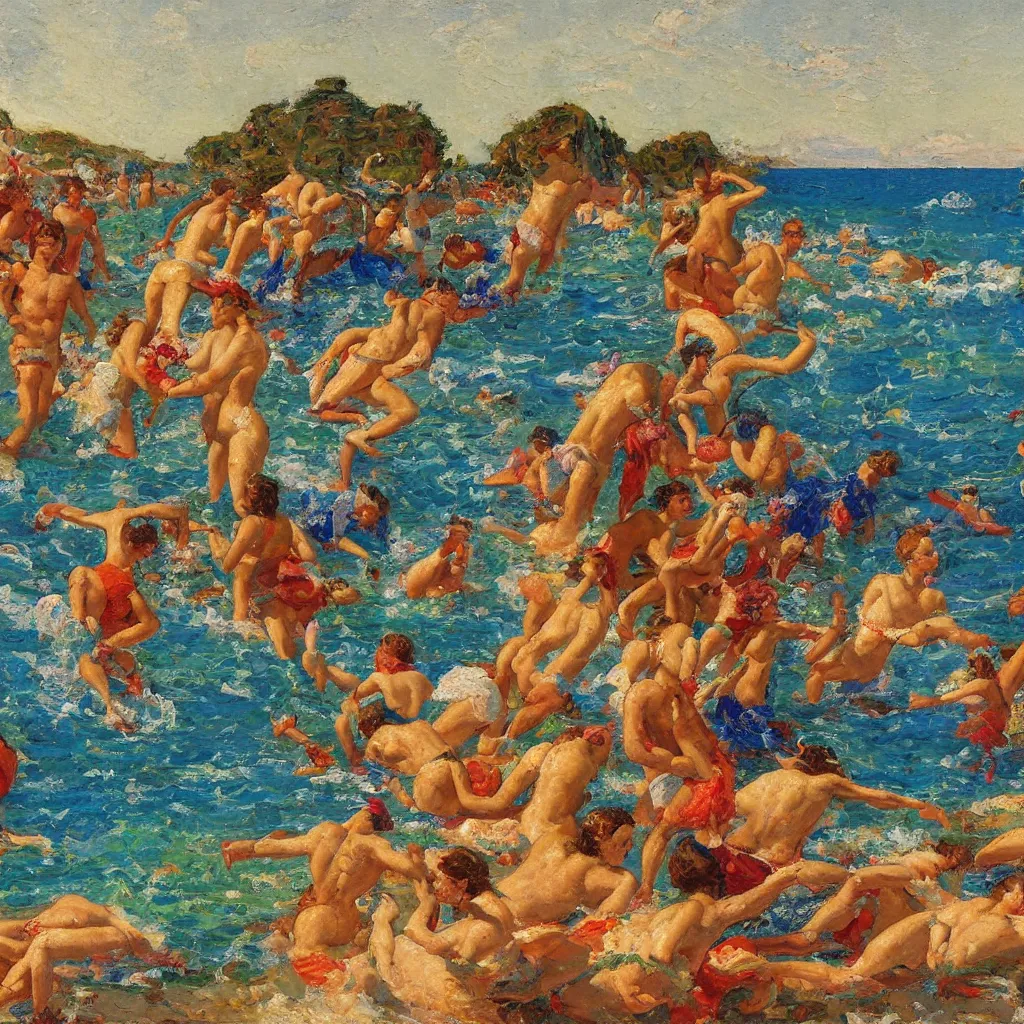 Image similar to rich and indulgent oil paint impasto reliefs, happy italian beach scene, an artwork by charles w. bartlett and jackson pollack and colin campbell cooper