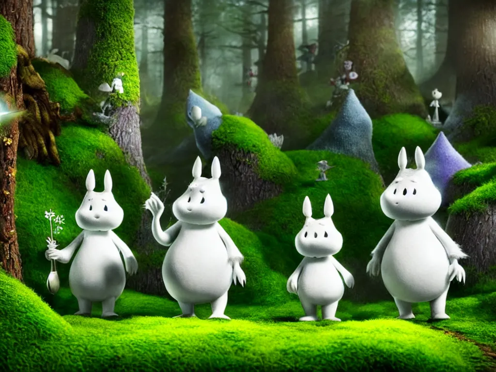 Image similar to the moomins wearing fluffy knight armor discovering the enchanted forest full of magic trees, mushrooms and moss and tiny fairies glowing in the dark, photorealistic painting, cgi, low volumetric light, movie still, very cute and cozy and fluffy and sweet