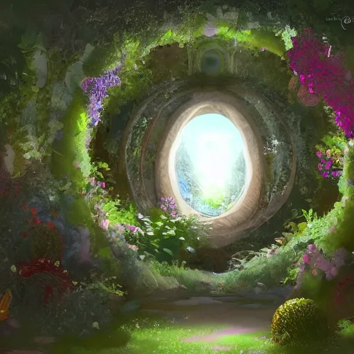 Image similar to a portal in a mysterious garden filled with spherical plants, trending on art station