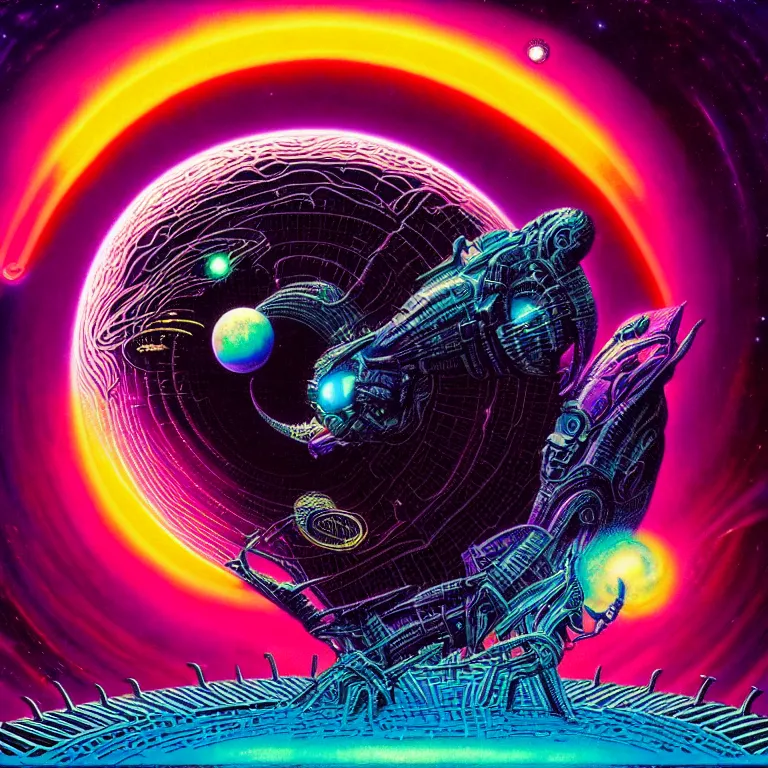 Image similar to mysterious infinite interstellar black hole, quantum waves, synthwave, bright neon colors, highly detailed, cinematic, tim white, philippe druillet, roger dean, ernst haeckel, lisa frank, michael whelan, kubrick, kimura, isono