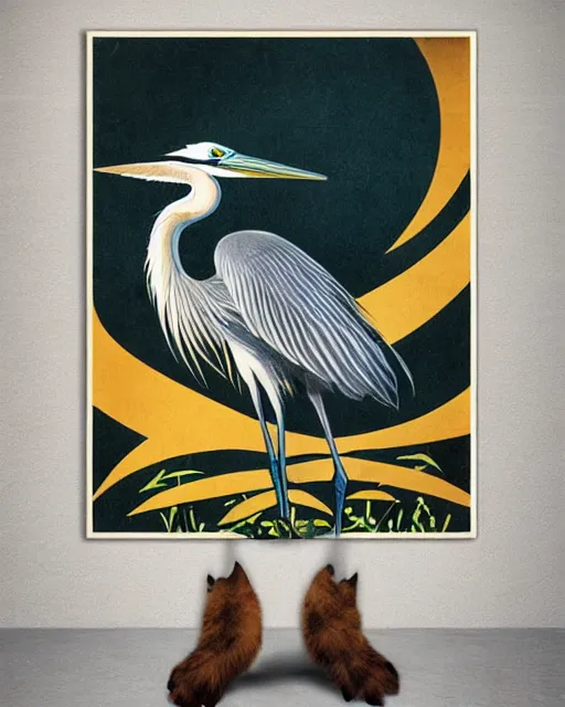 Prompt: vintage art deco hybrid animal poster depicting a heron with cat ears and paws