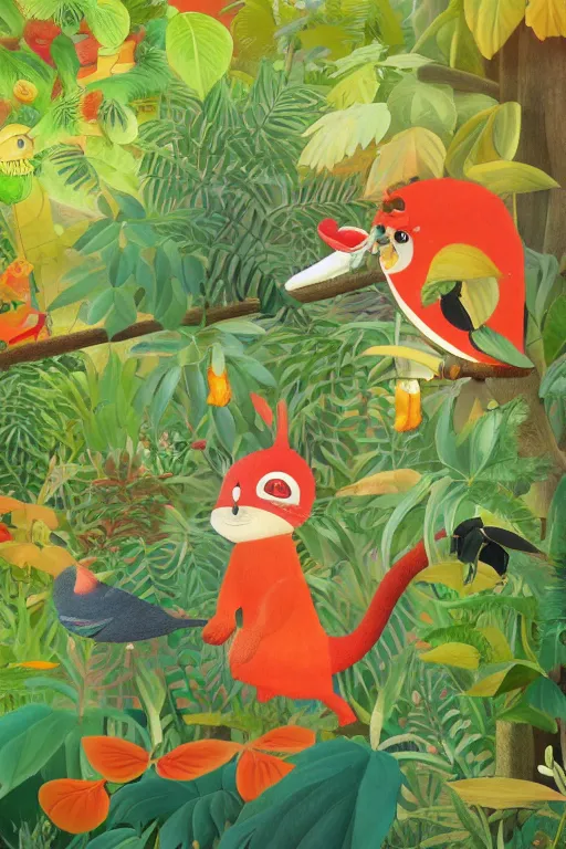 Prompt: rare bird in the jungle, highly detailed, unreal engine render concept art, style of henri rousseau and richard scarry and hiroshi yoshida and mimmo rotella