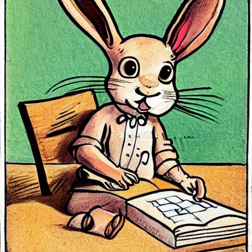 Image similar to a cute cartoon rabbit sitting at a table and writing on a notebook, Children's Book Illustration, Antoine de Saint-Exupéry