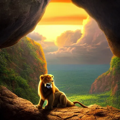 Prompt: the lion king watching the sunset from a cave, digital art, trending on artstation, HDR