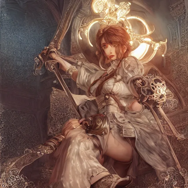 Image similar to the portrait of neutral good female cleric bard as absurdly beautiful, gorgeous, elegant, sophisticated gravure idol, an ultrafine hyperdetailed illustration by kim jung gi, irakli nadar, intricate linework, sharp focus, bright colors, octopath traveler, final fantasy, unreal engine 5 highly rendered, global illumination, radiant light, detailed and intricate environment