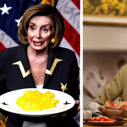 Image similar to a photograph of nancy pelosi wearing an army uniform while eating a large plate filled with scrambled eggs