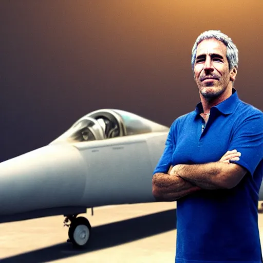 Prompt: aesthetic illustration of jeffrey epstein, wearing a dark blue polo shirt, standing near fighter jet on an empty runway at dusk, cinematic lighting, high detail, volumetric lights, pinterest wallpaper