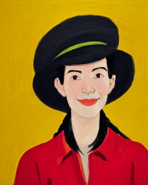 Image similar to portrait of a smiling young woman with hat, long hair and red shirt, yellow background, colorful, by alex katz, close up