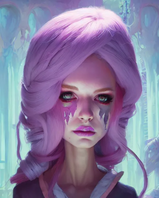 Image similar to portrait of monster high doll, stephen bliss, unreal engine, by greg rutkowski, loish, rhads, makoto shinkai and lois van baarle, ilya kuvshinov, rossdraws, global illumination, radiant light, detailed and intricate environment, pastel lighting