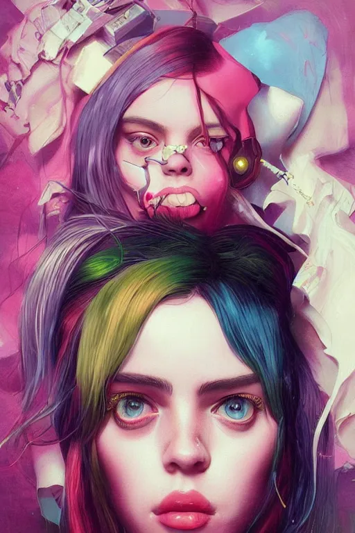 Image similar to billie eilish happy portrait of a vaporwave girl in a cluttered 9 0 s bedroom, by artgerm, tom bagshaw, gerald brom, vaporwave!, vaporwave colors!, lo fi colors, lo fi, 4 k, hd,