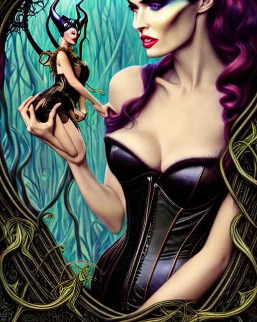 Image similar to new art nouveau portrait of fantasy succubus maleficent megan fox wearing a leather corset in a magical forest, anna dittmann, moebius, wlop, artgerm, patrick nagle, charlie bowater and loish. long windblown hair, ultrasharp focus, dramatic lighting, barbwire vine arches, photorealistic digital matte painting, intricate.