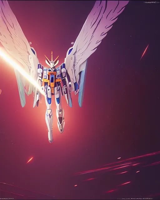 Image similar to highly detailed vfx portrait of an angelic gundam with wings of feathers beam saber fighting in space with a beam gun, unreal engine, greg rutkowski, loish, rhads, beeple, makoto shinkai and lois van baarle, ilya kuvshinov, rossdraws, tom bagshaw, alphonse mucha, global illumination, detailed and intricate environment