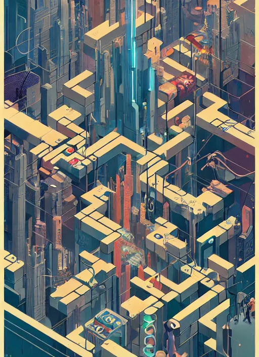 Image similar to chris ware graphic layout design maze poster of cyberpunk city, peter mohrbacher, jane newland, peter gric, chris ware, aaron horkey, illustration, artstation