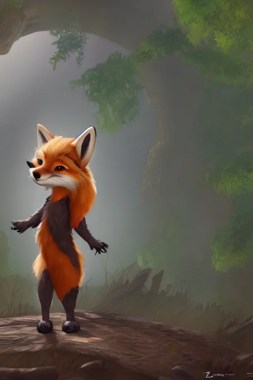 Prompt: a medieval fox furry fursona with a fluffy tail in a forest, backlighting, cgi, rendered in unreal engine, trending on artstation, cartoon, zootopia style