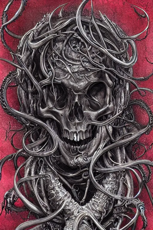 Image similar to realistic portrait of beautifully crystalized and detailed portrait of a melting skull, tentacles, tendrils, eldritch, matte painting of cinematic movie scene red dragon, horror, created by gustave dore and greg rutkowski, high detailed, smooth draw, synthwave neon retro, intricate, realistic proportions, dramatic lighting, trending on artstation.