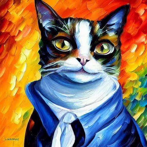 Prompt: painting of a cat wearing a lab coat by Leonid Afremov