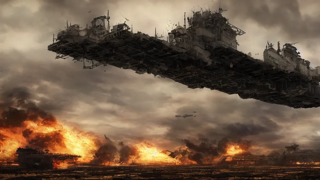 Image similar to an immense steampunk aircraft carrier crashed and burning in a field, thick black smoke billowing, turbulent storm clouds, dystopian, sharp focus, octane render, imax