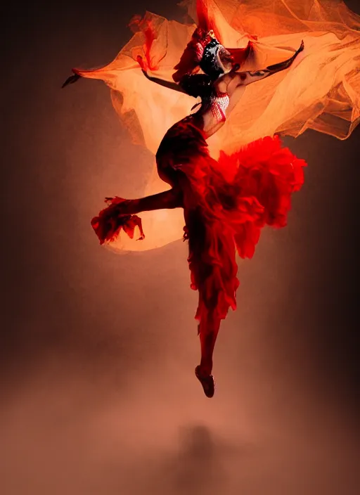 Image similar to a Photorealistic dramatic hyperrealistic render of a glamorous beautiful Mexican Catrina smoke dancer wearing red by Ken Brower and Deborah Ory of NYC Dance project,Lois Greenfield,Flowing cloth and smoke,Beautiful dynamic dramatic dark moody lighting,volumetric,shadows,cinematic atmosphere,Octane render,8K