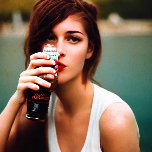 Prompt: an analog photo a 23 year old beautiful model, drinking a bottle of coca-cola, kodak portra 400