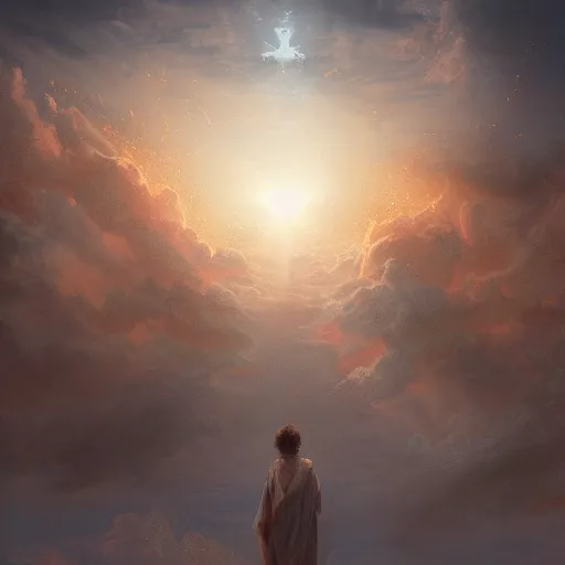 Image similar to The son of God coming in the clouds with his millions of angels , artstation, Greg rutkowski, cinematic, digital Art