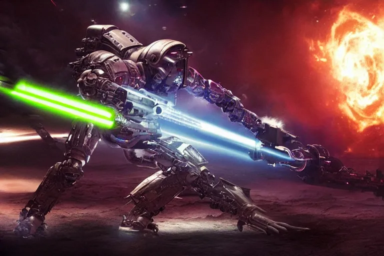 Image similar to VFX movie of a futuristic inhuman alien spacemarines in future spaceship, firing gun at space pirates detailed creature skin neon lighting combat by Michael Bay