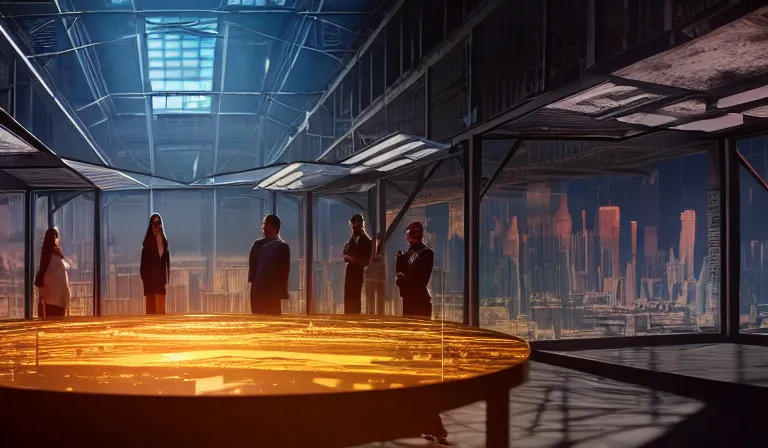 Image similar to group of people in walled warehouse, looking at hologram of futuristic city on a table, cinematic concept art, godrays, golden hour, natural sunlight, 4 k, clear details, tabletop model buildings, center model buildings, hologram center, crane shot, crane shot, crane shot