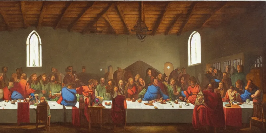 Prompt: the last supper in bishop hill colony church by olof krans oil on board