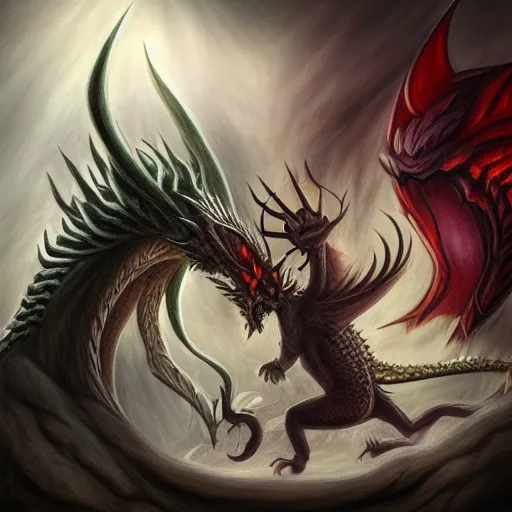 Image similar to a drawing of a dragon and a demon fighting, an illustration of by Anne Stokes, deviantart, fantasy art, d&d, grotesque, polycount