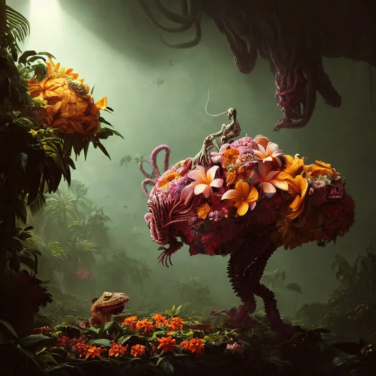 Image similar to still life of alien animal covered with tropical flowers, wide shot, soft glow bloom lucid dream - like ethereal atmosphere, baroque portrait painting, perfect composition, beautiful intricate detailed octane render trending on artstation, 8 k artistic photography, volumetric cinematic perfect light, chiaroscuro, masterpiece, raphael, caravaggio, rutkowski, beeple, beksinski