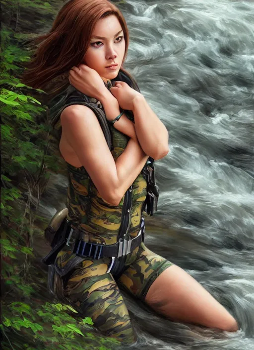 Image similar to photo of a gorgeous young woman with camouflage , climbing a river in the style of stefan kostic, realistic, sharp focus, 8k high definition, insanely detailed, intricate, elegant, art by stanley lau and artgerm