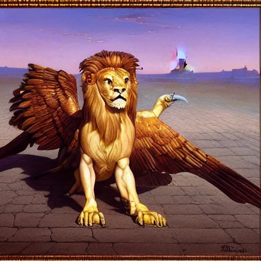 Prompt: a realistic oil painting of a winged lion's body with the head of an eagle and a beak, spreading its wings in an ancient egyptian temple, at purple sunset, highly detailed, trending on artstation, by james gurney and michael whelan and krenz cushart and alphonse mucha