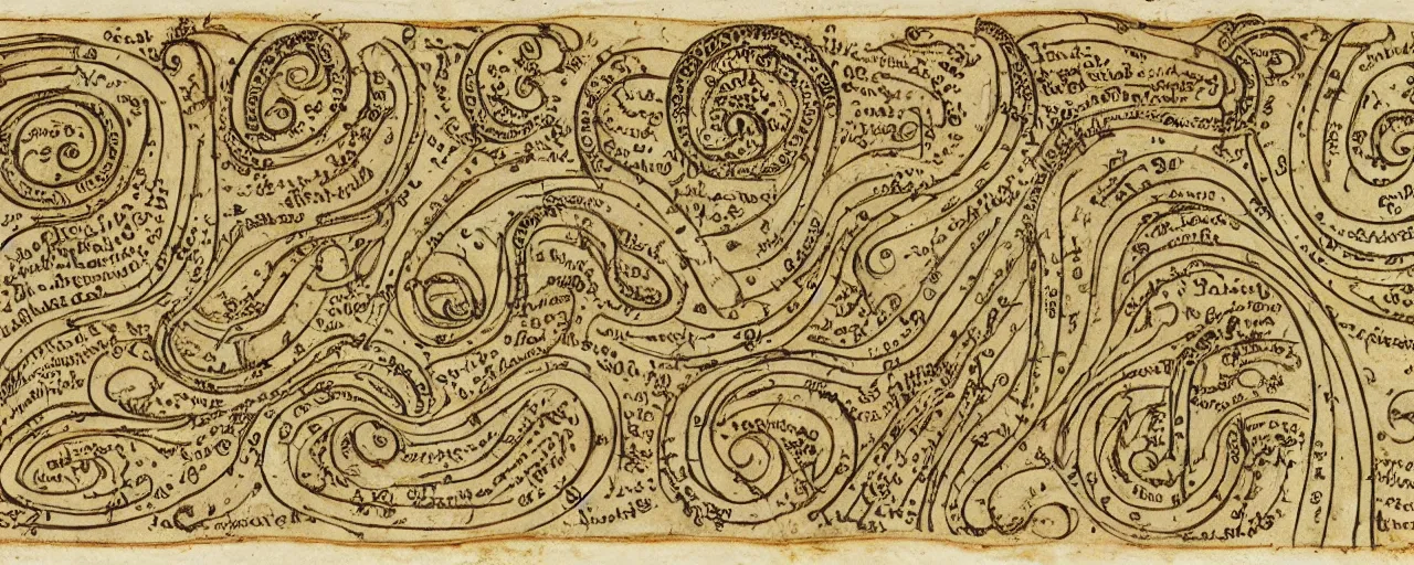 Image similar to ancient book with images of spaghetti, in the style of the voynich manuscript, fine detail,