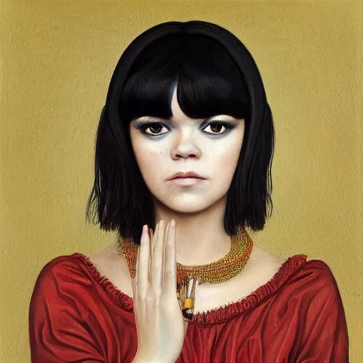 Prompt: a renaissance style painting of the musician bat for lashes fur and gold era