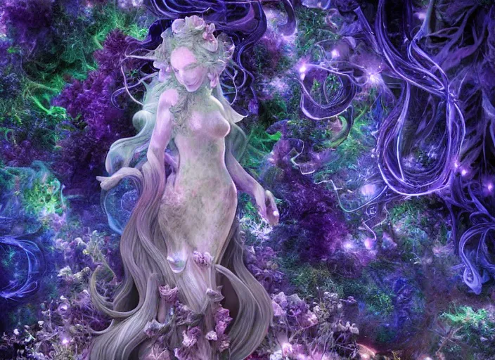 Image similar to glowing delicate flower and mushrooms that grow in a dark fatansy forest on the planet Pandora, an idealistic marble statue with fractal flowery hair in a fractal garden,