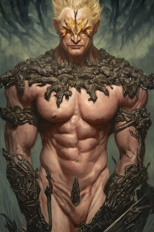 Image similar to portrait of albert wesker as a herculian demon man, forest, full body, powerful, fantasy, intricate, elegant, highly detailed, digital painting, artstation, concept art, sharp focus, illustration, art by artgerm and greg rutkowski and alphonse mucha