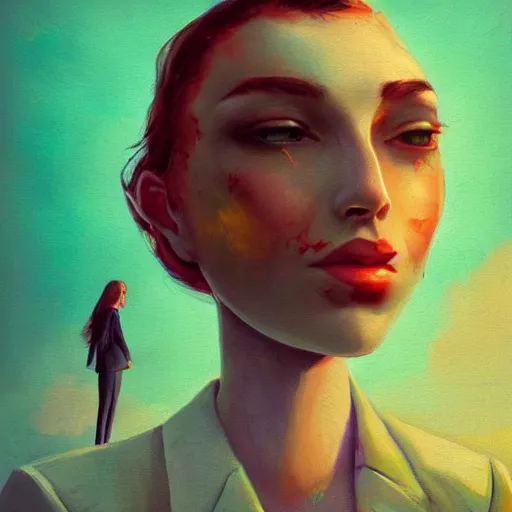 Image similar to closeup, huge rose flower face, frontal, girl with suit, surreal photography, sunrise, dramatic light, impressionist painting, digital painting, artstation, simon stalenhag